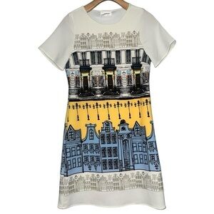 Moon Vintage Women’s Size S White Cityscape Building Print Shift Dress